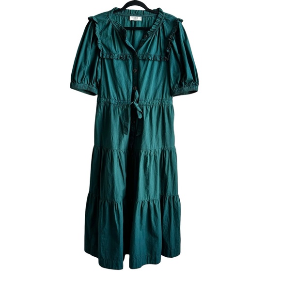 Sea NY Sibylle Solid Dress Forest Poplin Tiered Skirt Ruffle Pockets Medium - Picture 3 of 14